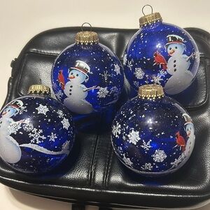 4 Christmas ornaments. Blue bulb with painted snowman, red cardinal , snowflakes